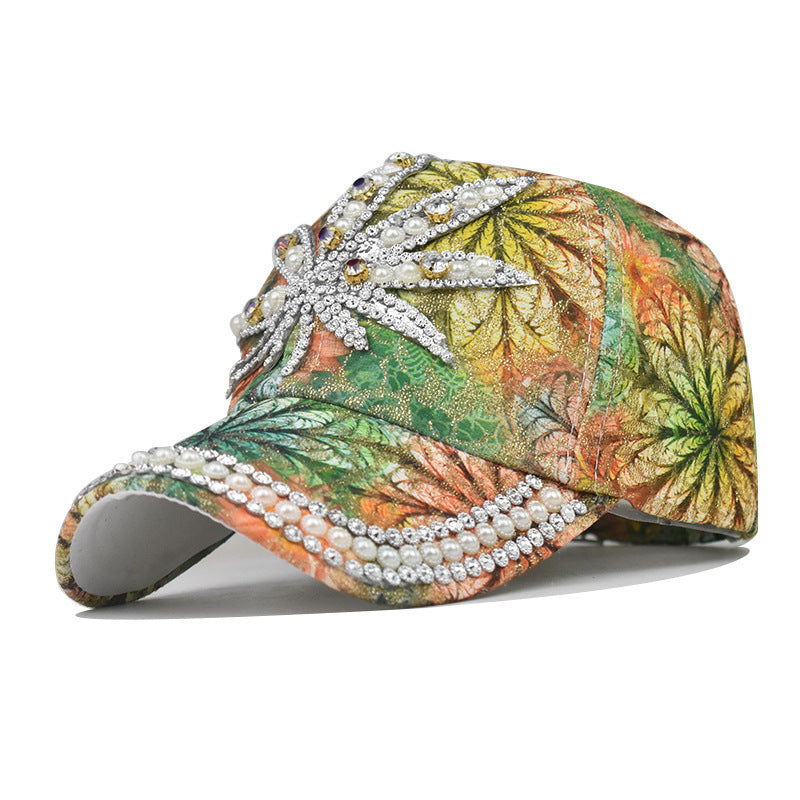 Wholesale Maple Leaf Print Rhinestone Baseball Cap Teal Adjustable For Men Women Outdoor Everyday Wear