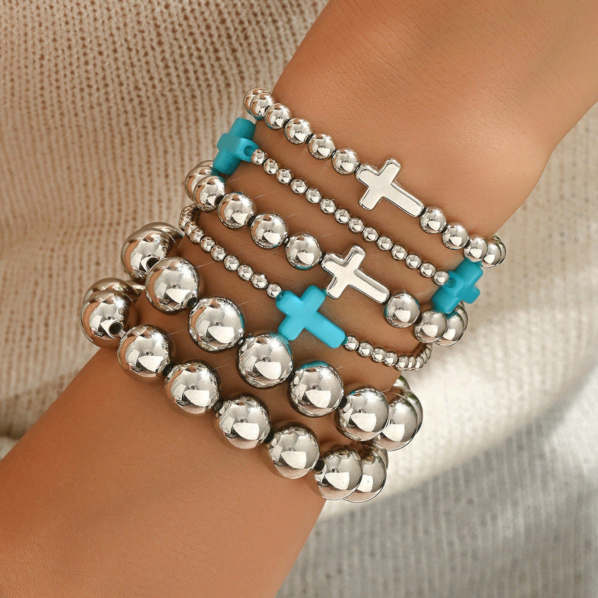 Wholesale Handmade Silver Beaded Cross Bracelet,  Fashion Accessory for Everyday Wear