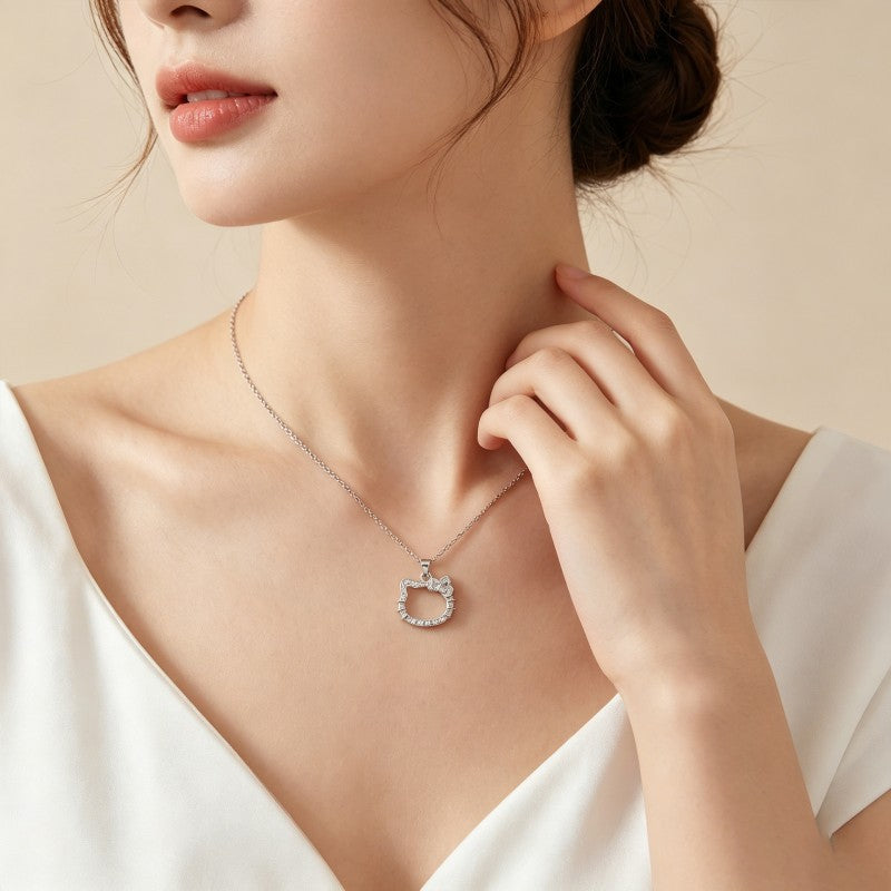 Wholesale Japanese Style Cat Hollow Pendant Necklace Alloy Zircon Collarbone Chain Women S Fashion Jewelry For Boutique Resale