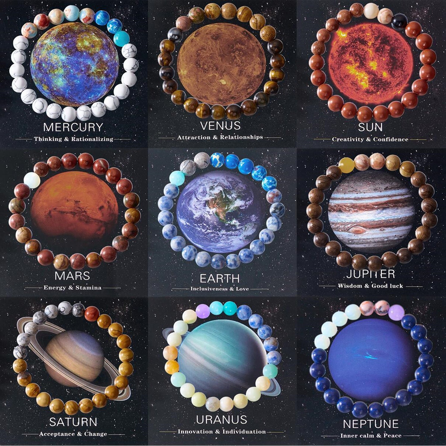 Wholesale solar system eight planets beaded paper card bracelet