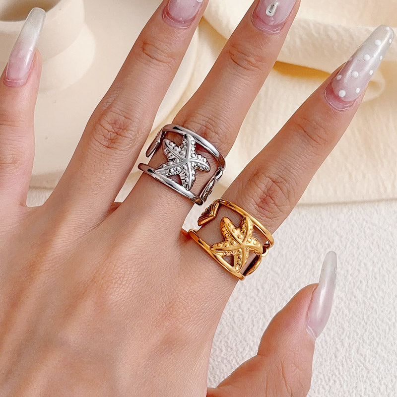 Wholesale Polished Stainless Steel Open Starfish Shell Ring Ocean Style Women S Fashion Jewelry