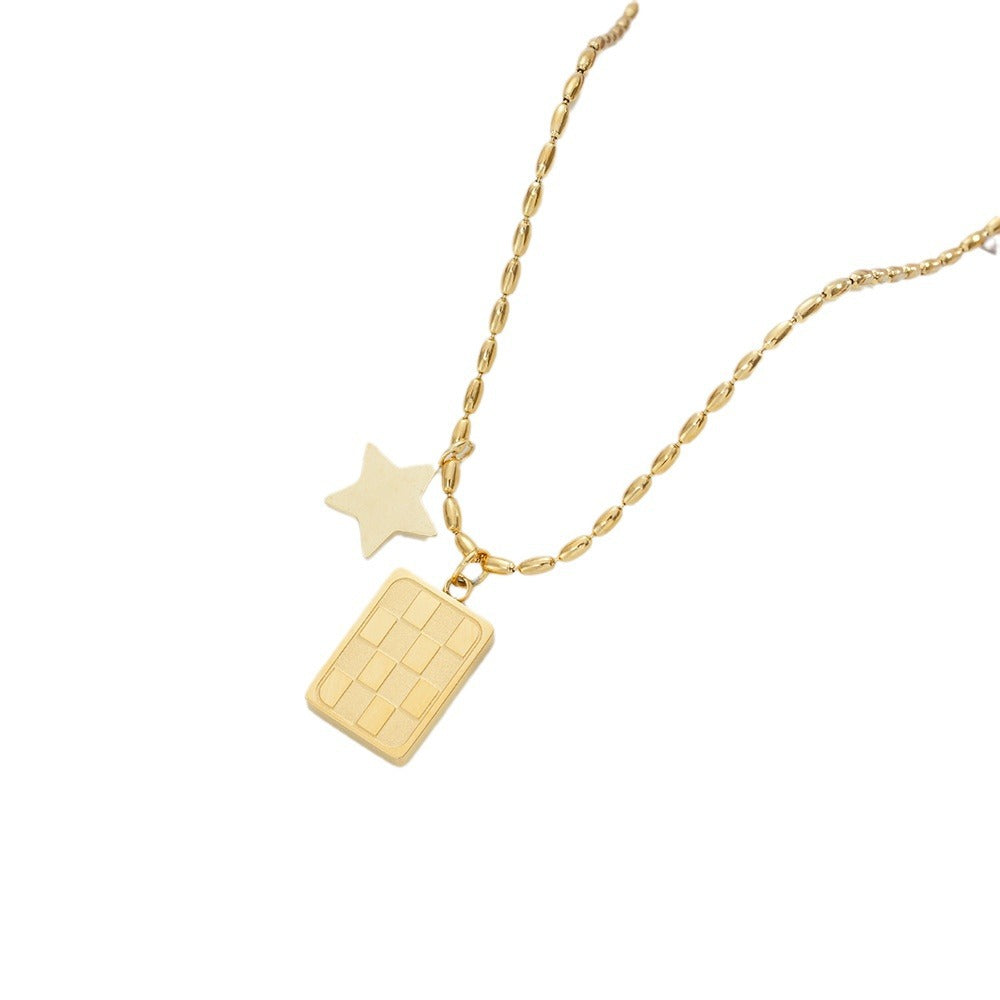 Wholesale Titanium Steel Necklace with Gold-Plated Square Checkerboard Pendant,  Summer Style Jewelry Accessory for Boutique Resale