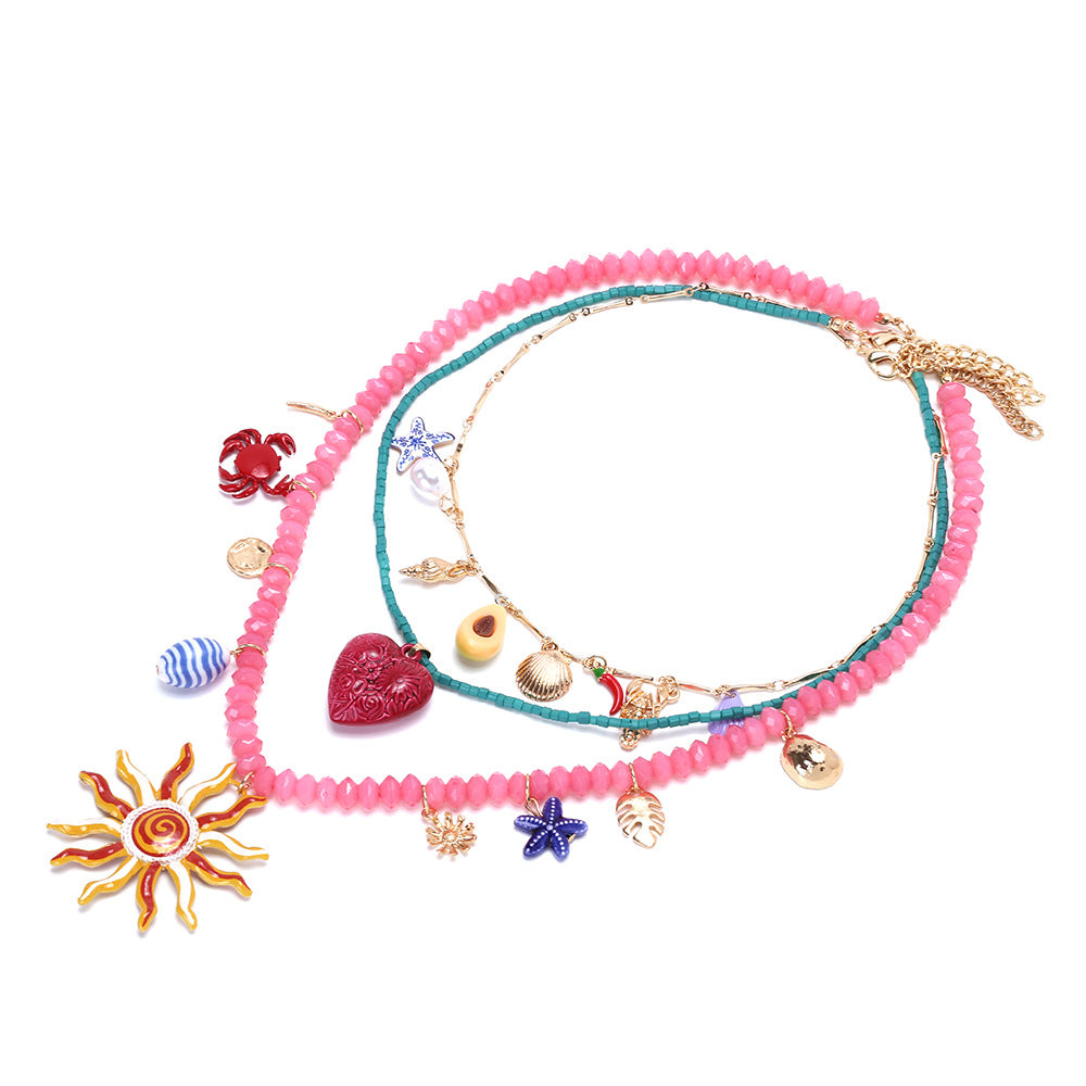 Wholesale Light Luxury Handmade Beaded Multi-layer Color Sun Love Crab Starfish Pendant Necklace