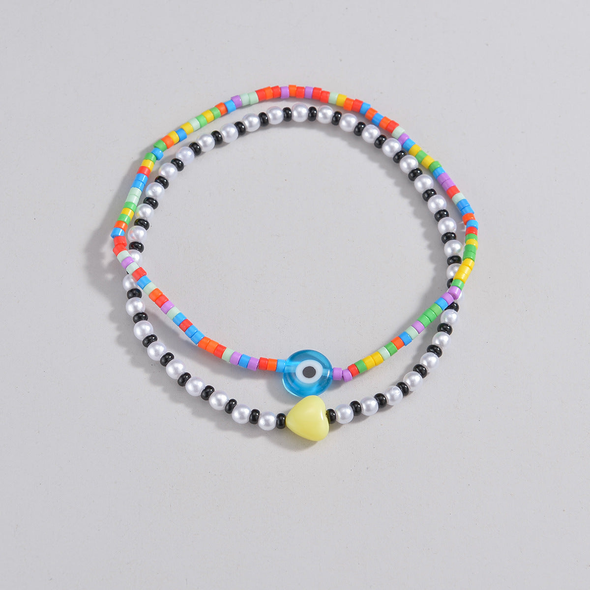 Wholesale  Blue Devil's Eye Yellow Love Color Beads Double Layer Elastic  Anklets