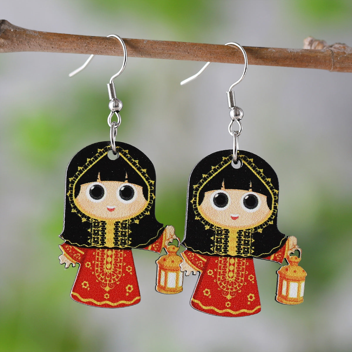 Wholesale Retro Girls Lantern Blue Oil Lamp Wooden Double Sided Earrings ACC-ES-ChuLian006