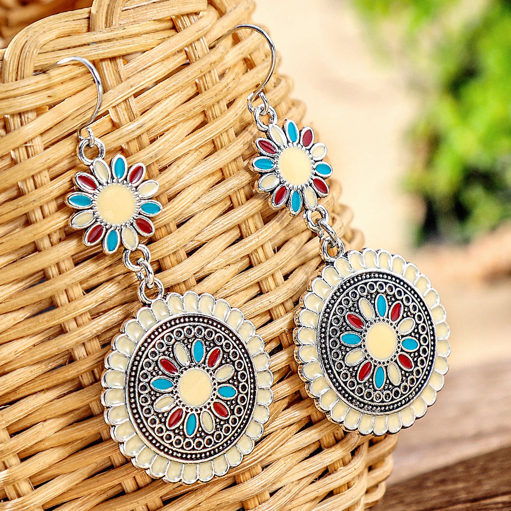 Wholesale Retro Sunflower Oil Drip Earrings - Zinc Alloy Jewelry Accessory for Party