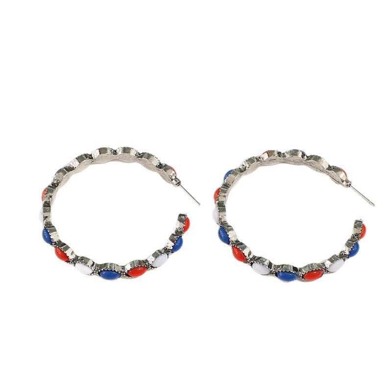 Wholesale Red White Blue C Shape Hoop Earrings American Flag Independence Day Jewelry Accessory