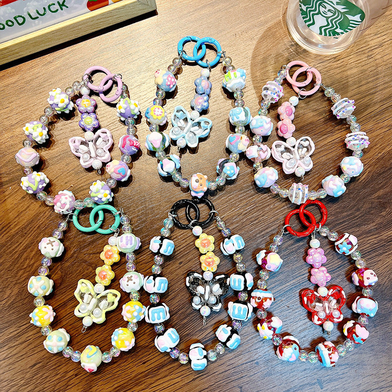 Wholesale cute cartoon butterfly hand-painted beads wristlet keychain