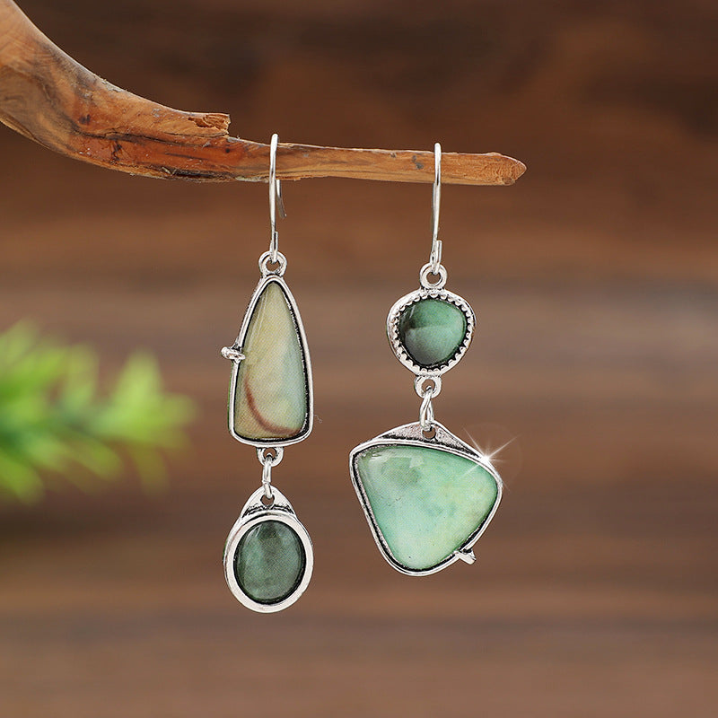 Wholesale Zinc Alloy Geometric Green Gemstone Earrings Bohemian Palace Style Party Wear Fashion Accessory