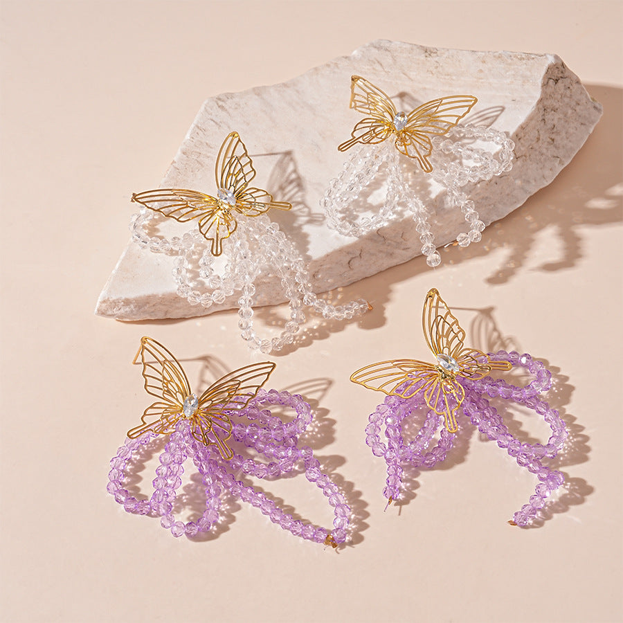 Wholesale Zirconia Crystal Butterfly Tassel Silver Needle Earrings