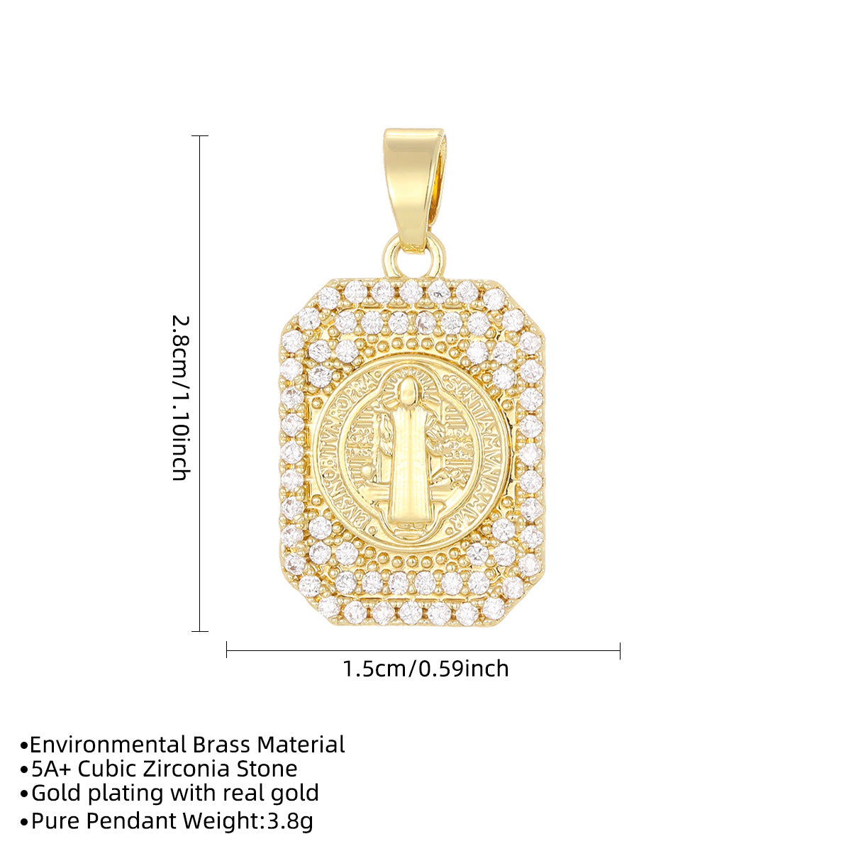 Wholesale Gold Plated Saint Benedict Square Pendant with Zircon Jewelry Accessory for Everyday Wear