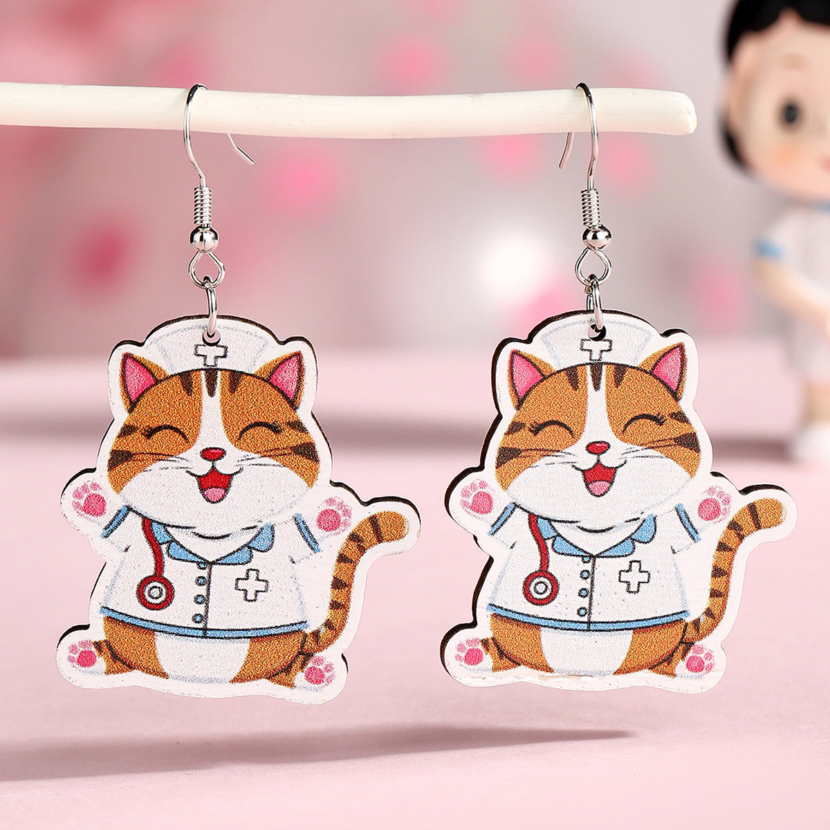 Wholesale Nurse Festival Love Wooden Earrings Cute Cartoon Cat Nurse Earrings