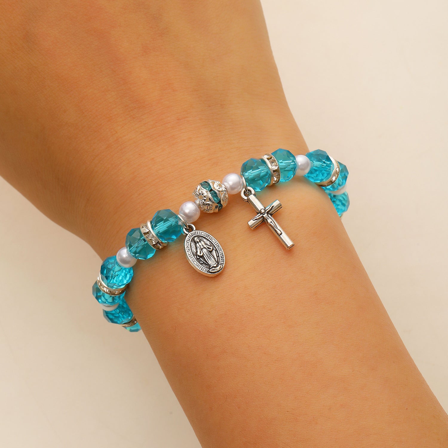 Wholesale Alloy man-made pearl beaded flower and cross Virgin Mary bracelet