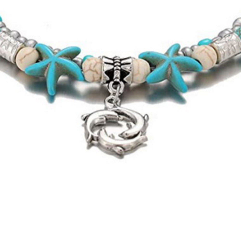 Wholesale Turquoise Starfish Sea Turtle Beach Style Retro Double Layer Anklet ACC-AS-Gaot004