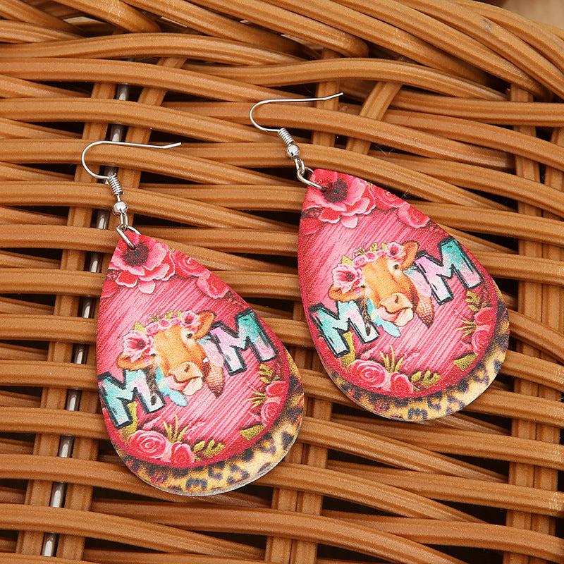 Wholesale Mother' s Day MOM Letter Teardrop Leather Rose Flower Leopard Print Earrings