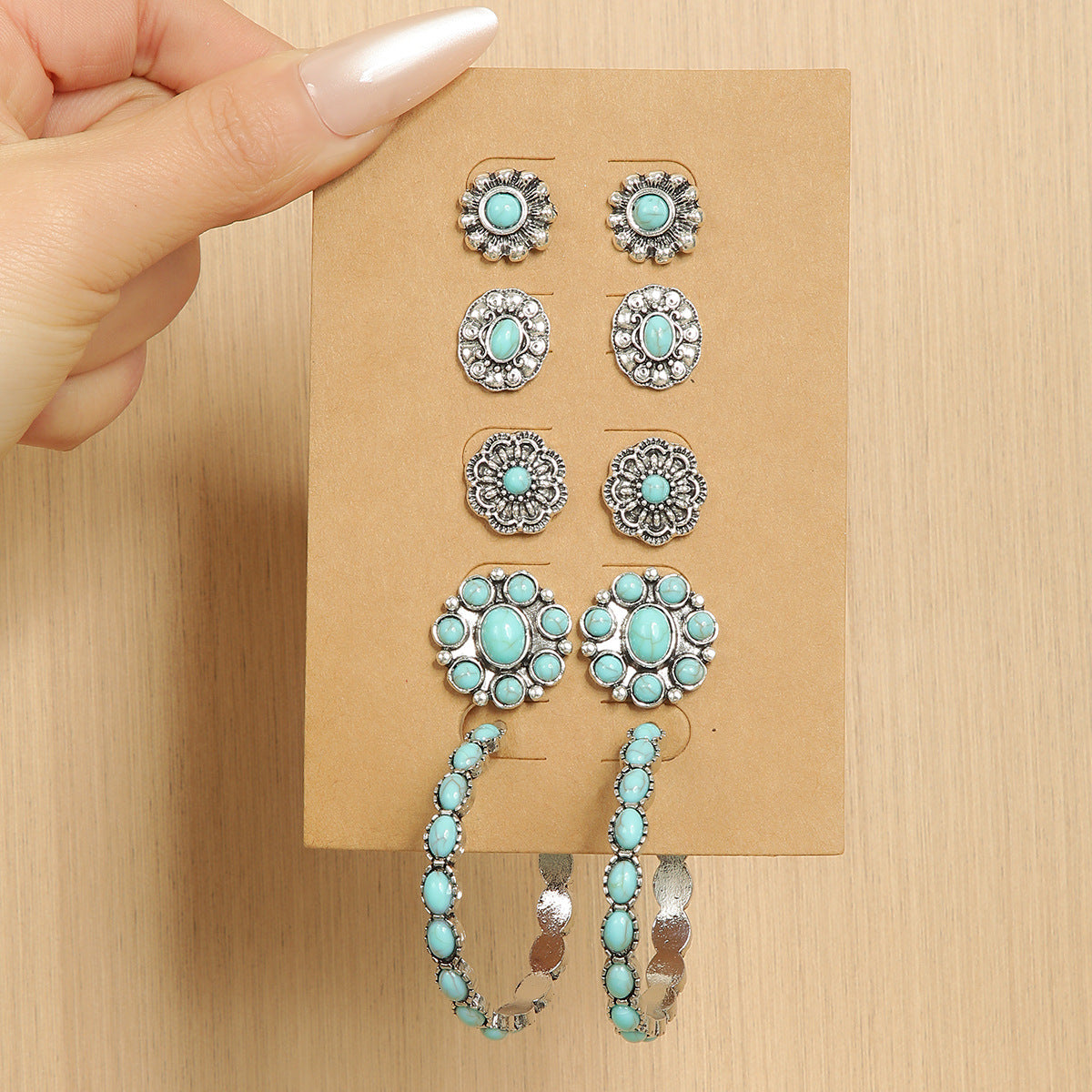 Wholesale  turquoise vintage earrings cow head flower rice beads C- shaped  earrings suit