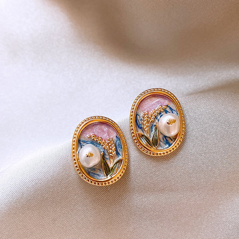 Wholesale Alloy Enamel Double Layer Flower Earrings French Palace Retro Pearl Design Fashion Accessory