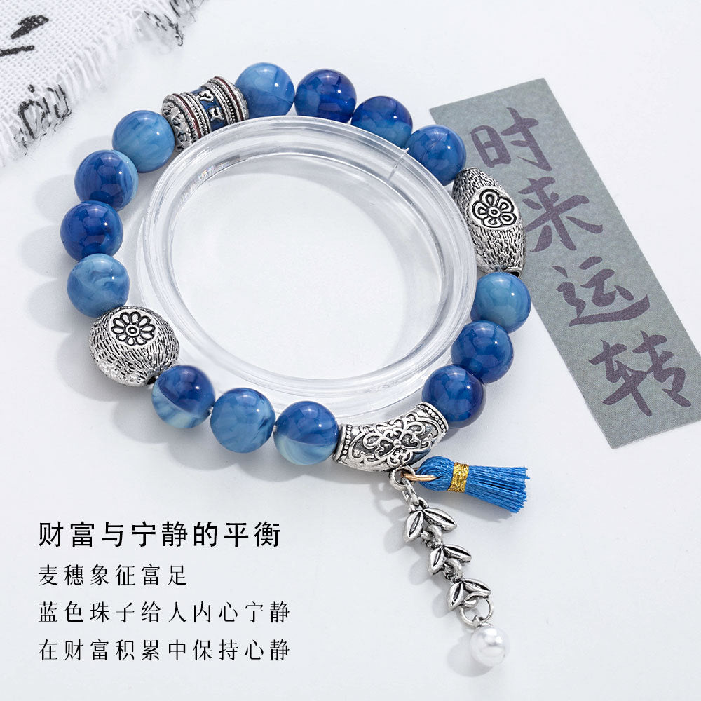 Wholesale Wheat ear tassel blue Tibetan silver alloy spacer bead bracelet