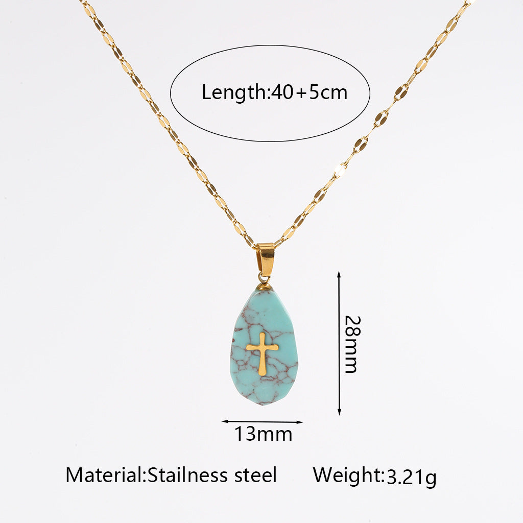 Wholesale Light Luxury Cross Pendant Necklace with Natural Stone,  Stainless Steel Handmade Chain,  Fashion Jewelry Accessory