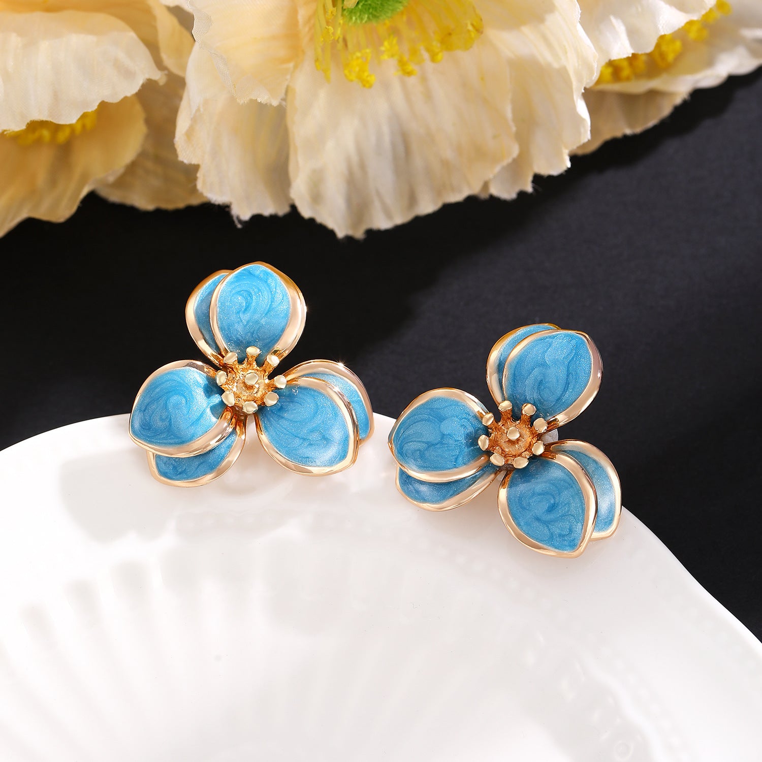 Wholesale Stylish Flower Earrings For Women Double Layer Petal Colorful Dripping Oil Zinc Alloy Everyday Jewelry Accessory