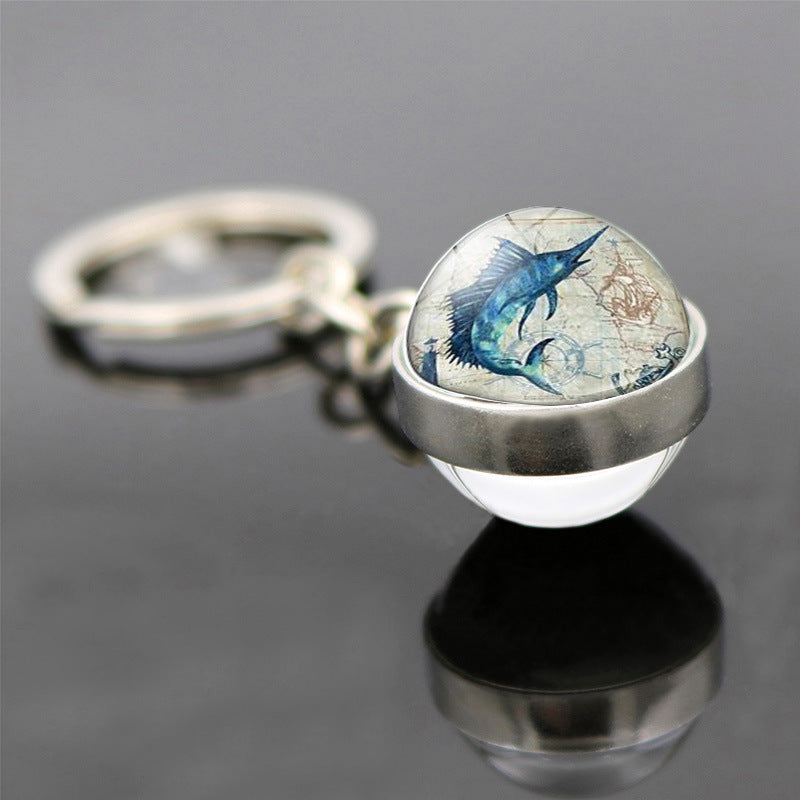 Wholesale Retro Starfish Turtle Marine Life Double Sided Glass Ball Keychain ACC-KC-JiaYun003