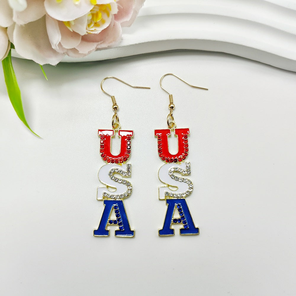 Wholesale American Independence Day USA Love Wings Zinc Alloy Earrings ACC-ES-Qiyu003