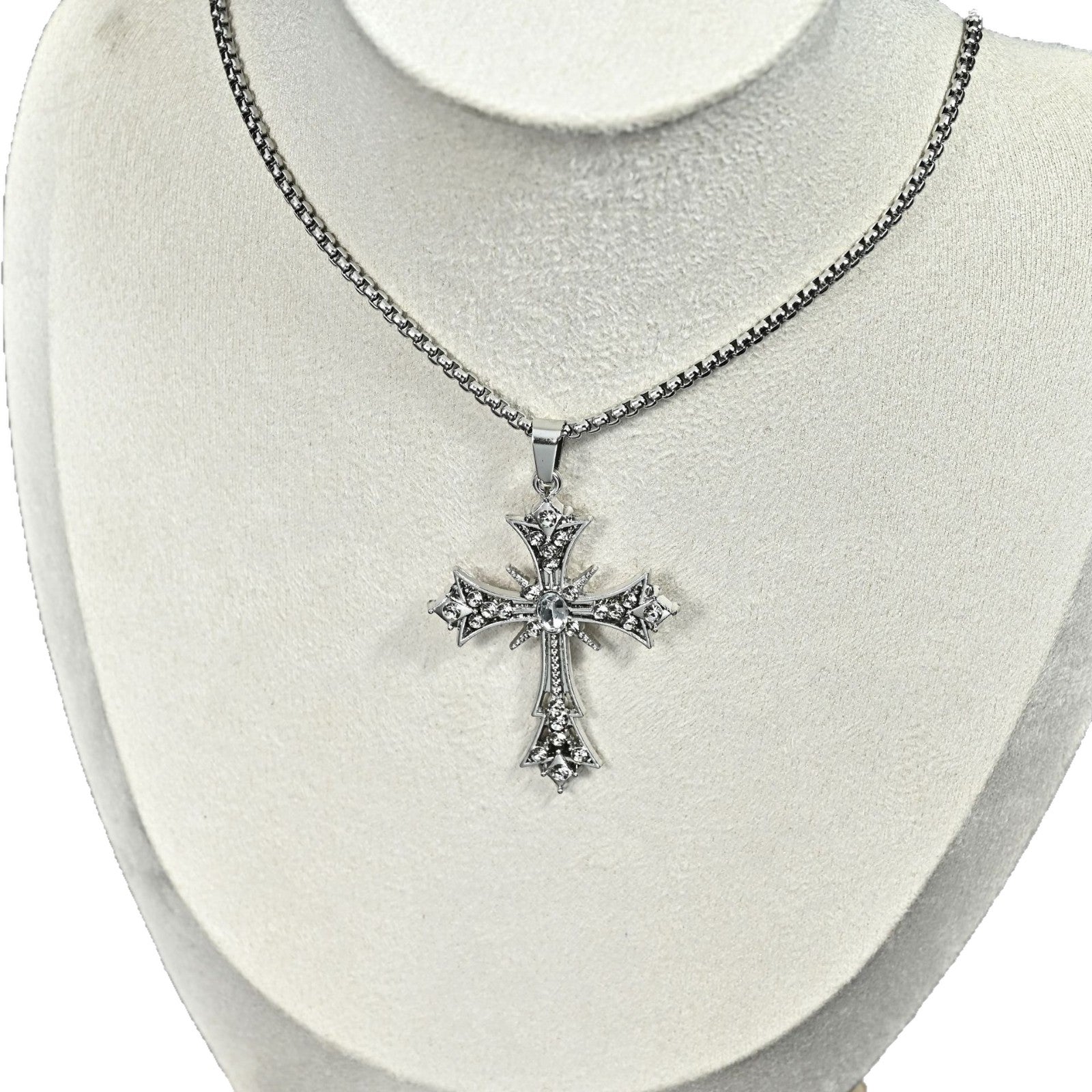 Wholesale Full Diamond Square Cross Necklace Stainless Steel Unisex Sweater Chain Jewelry Accessory