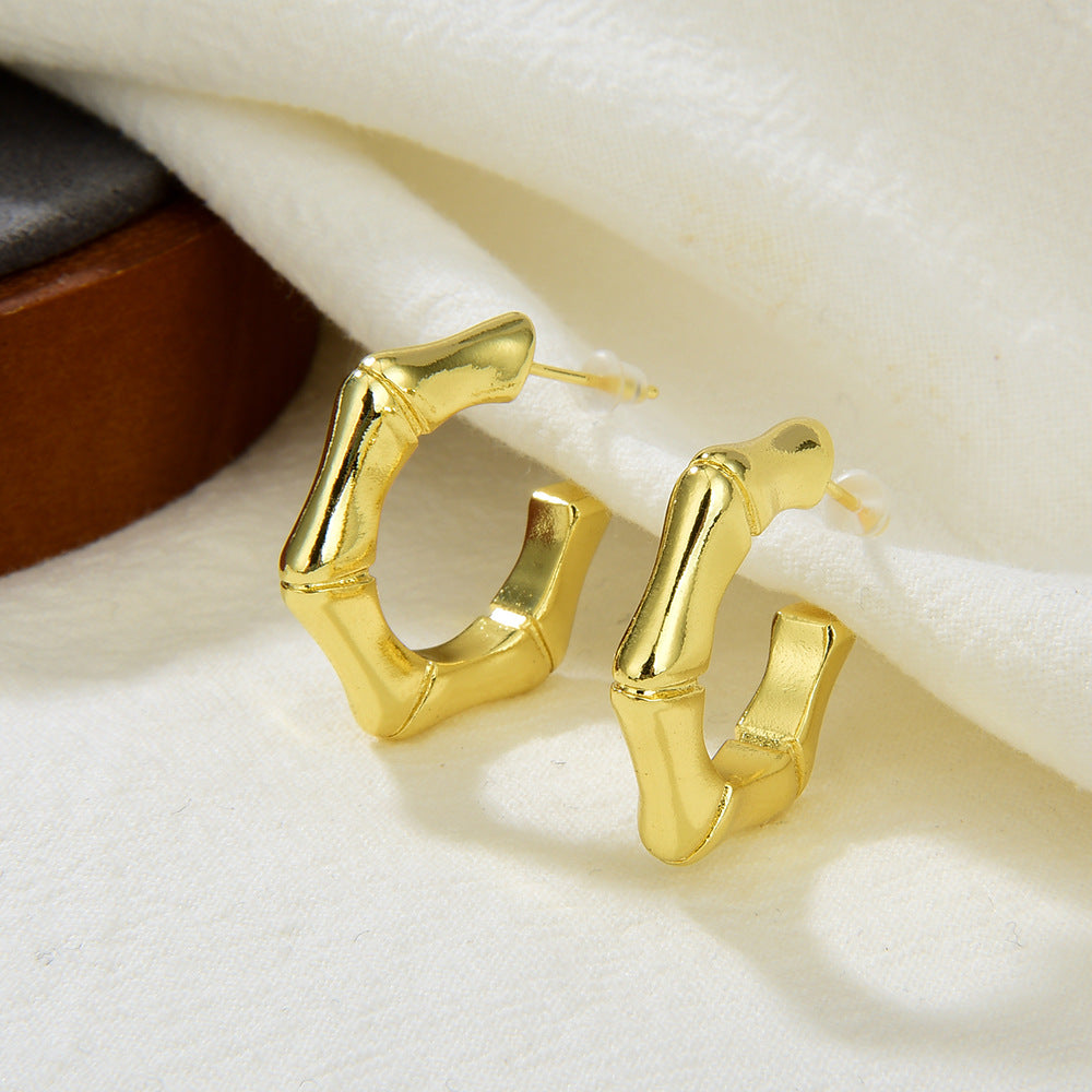 Wholesale  plated 18K real gold color Copper solid medium rectangular bamboo earrings