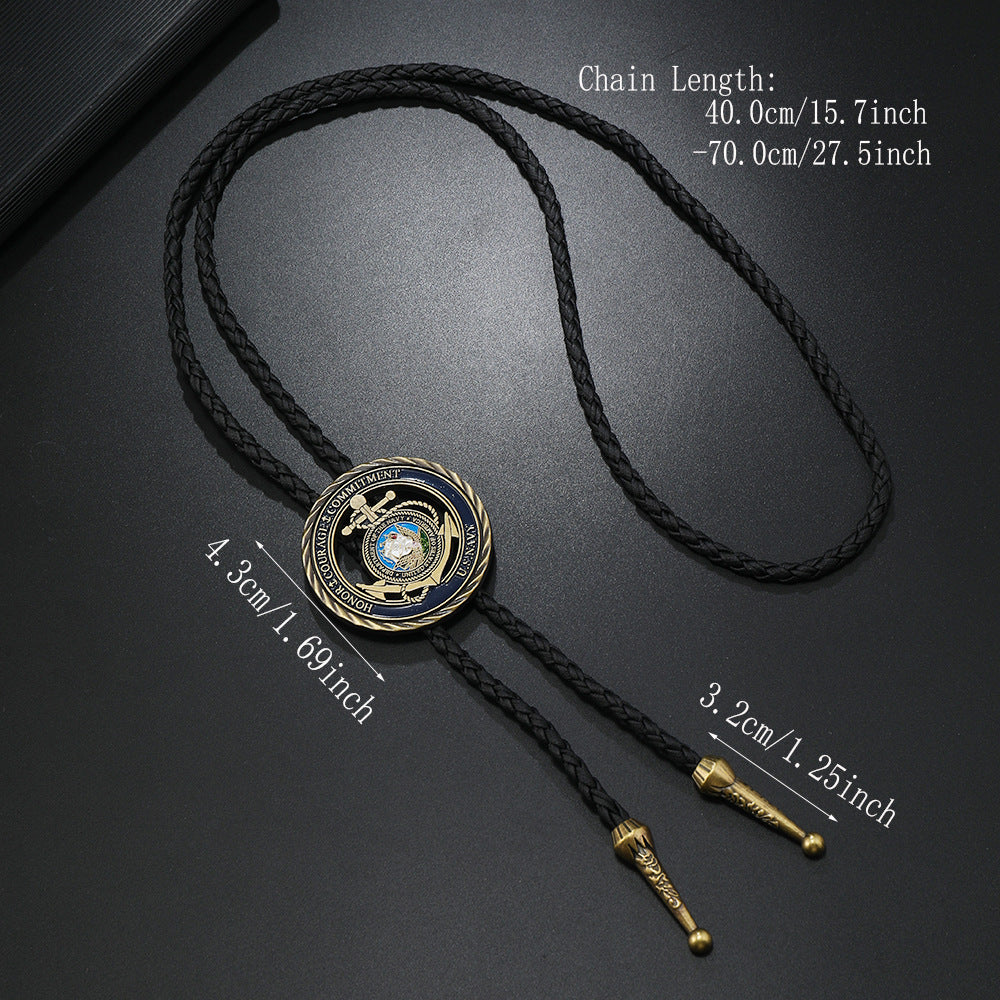 Wholesale Retro Navy Commemorative Coin Bolo Tie Necklace Punk Style Long Chain Bronze Pendant Fashion Accessory