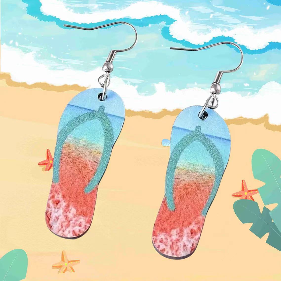 Wholesale Summer Beach Waves Coconut Tree Sunset Slippers Wood Earrings ACC-ES-AnDao029