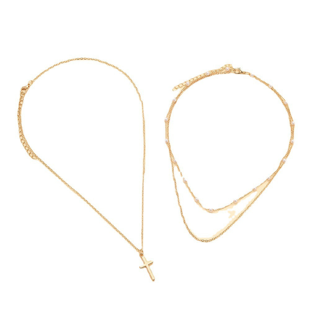 Wholesale Pearl Clavicle Chain Cross Pendant Retro Stacking Alloy Necklace ACC-NE-Xiaoy002