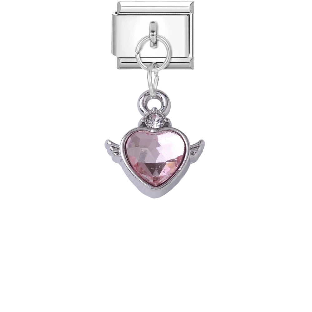 Wholesale DIY Bracelet Charms Pink Crystal Heart Wand Pendant Silver Edge Titanium Steel Jewelry Accessory For Casual Gift
