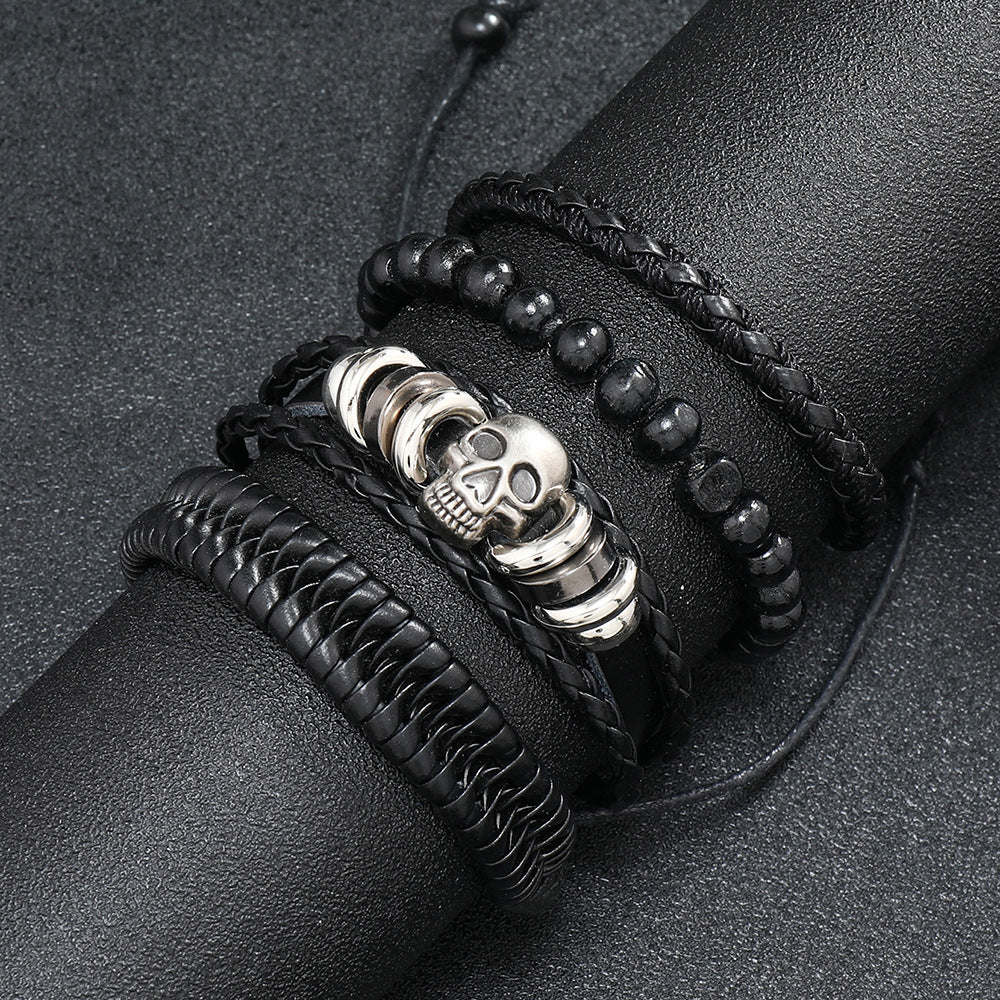 Wholesale DIY Vintage Braided Leather Skull Punk Bracelet Set ACC-BT-Saih019