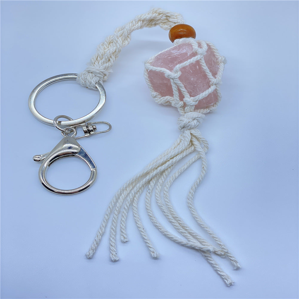 Wholesale Crystal Raw Stone Woven Mesh Pocket Keychain Natural Stone ACC-KC-Nius001