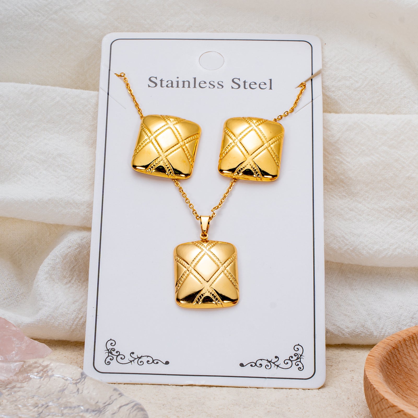 Wholesale Stainless Steel Electroplated Earring and Necklace Set - Trendy Office Lady Style,  Fashion Accessory Boutique Resale