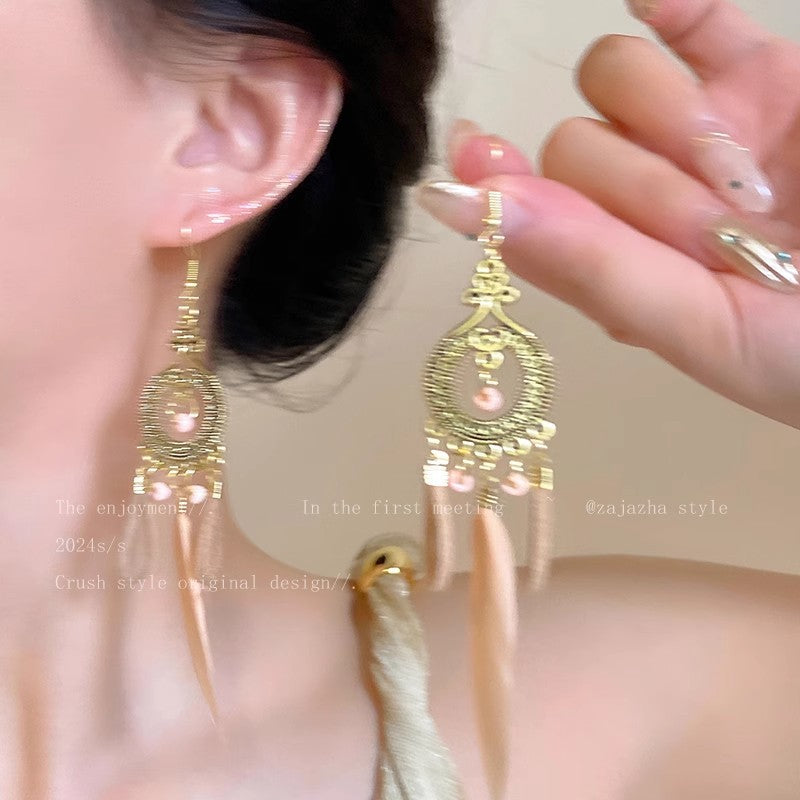 Wholesale Alloy Blue Feather Earrings,  Bohemian Tassel Jewelry Accessory for Beach Vacation