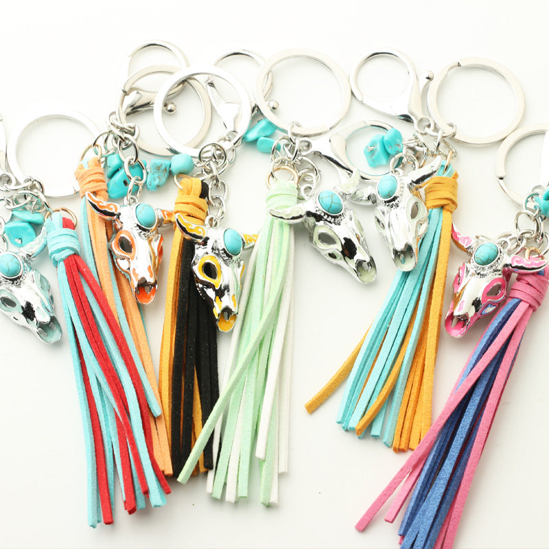 Wholesale retro Western style turquoise luminous cow head fluorescent metal keychain