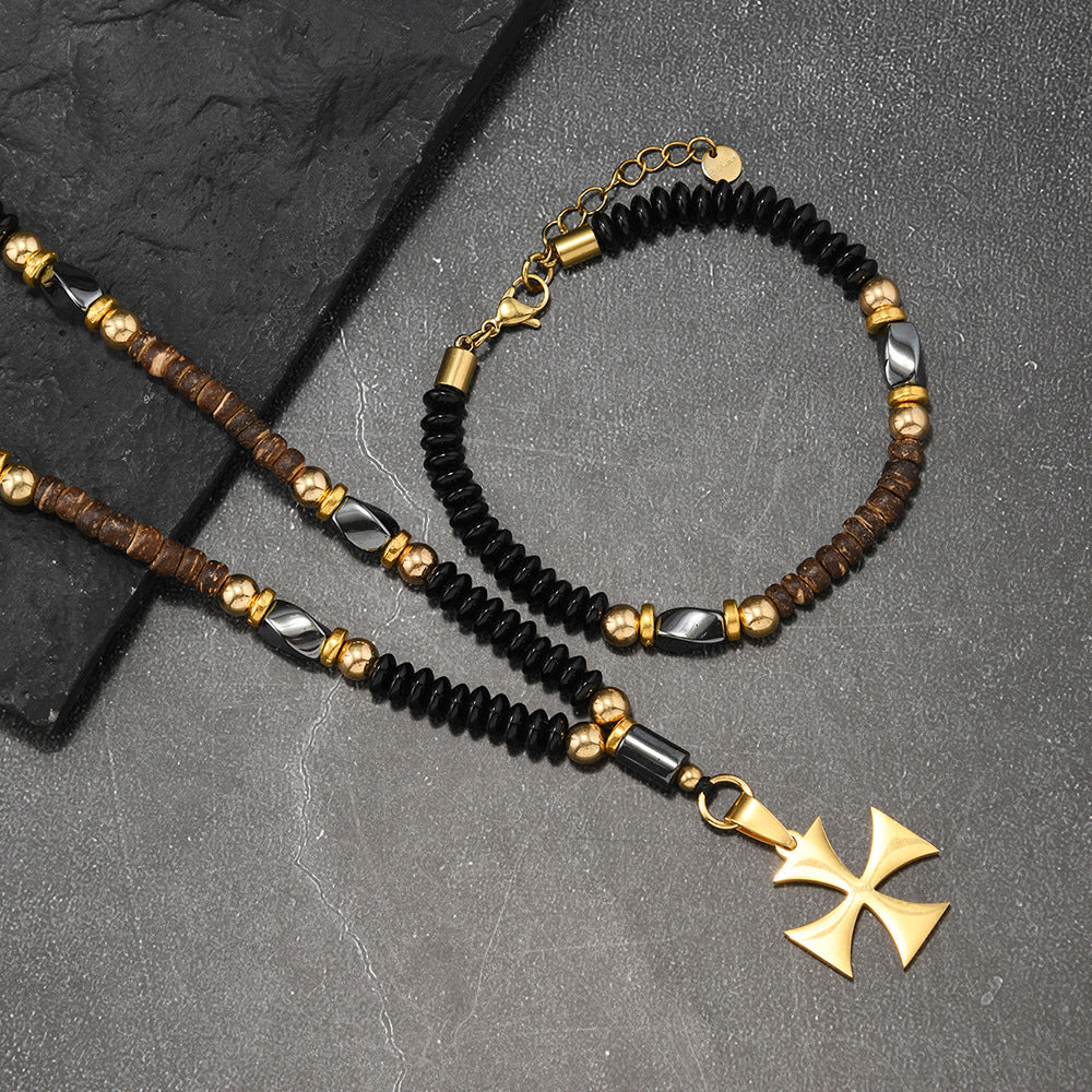 Wholesale Stainless Steel Black Gold Wooden Bead Obsidian Necklace