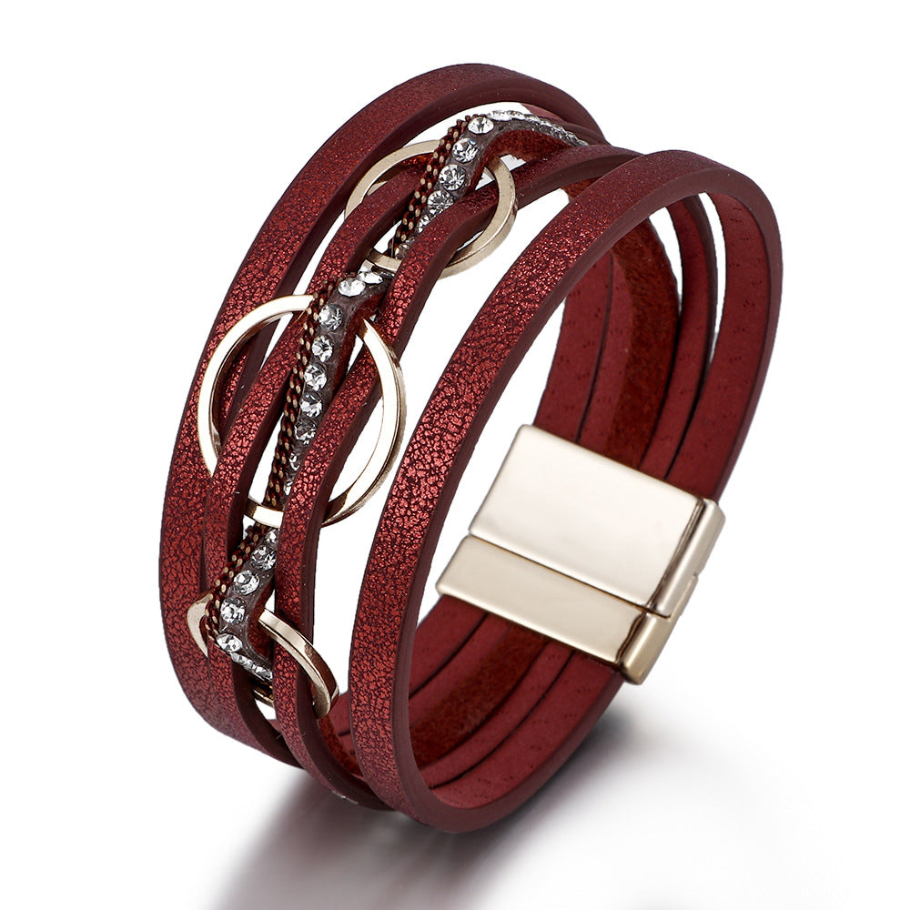 Wholesale Pink PU Leather Women S Layered Bracelet With Magnetic Clasp And Interlocking Rings Stylish Jewelry Accessory For Everyday Wear