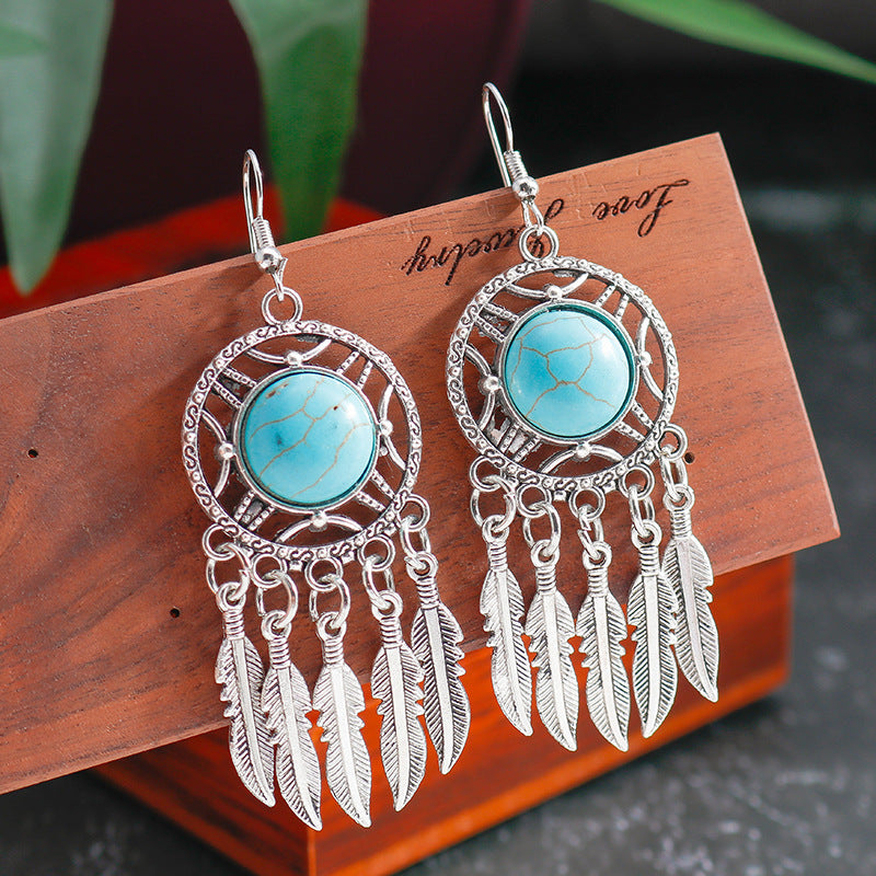 Wholesale Vintage Ethnic Style Turquoise Leaf Earrings ACC-ES-YueSen003