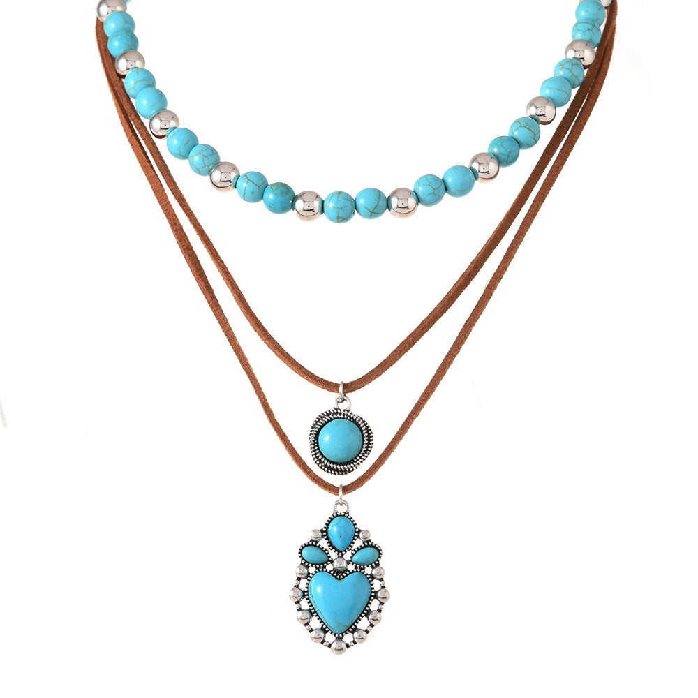 Wholesale Retro Imitation Turquoise Clavicle Chain Niche Beaded Necklace Set Ethnic Style Love Accessories