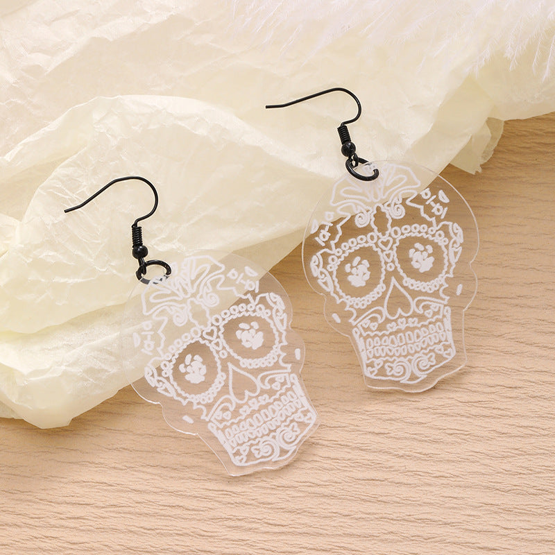 Wholesale Transparent Acrylic Skull Love White Printed Earrings