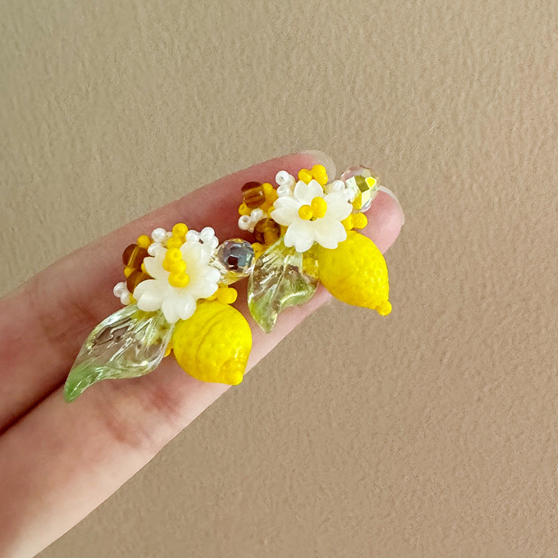 Wholesale Sea Salt Flower Woven Lemon Earrings - Handmade Acrylic Fashion Accessory for Gift or Everyday Wear