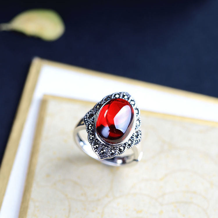 Wholesale Copper Red Stone Ring,  Floral Carved Adjustable Fashion Jewelry Accessory for Women Boutique Resale