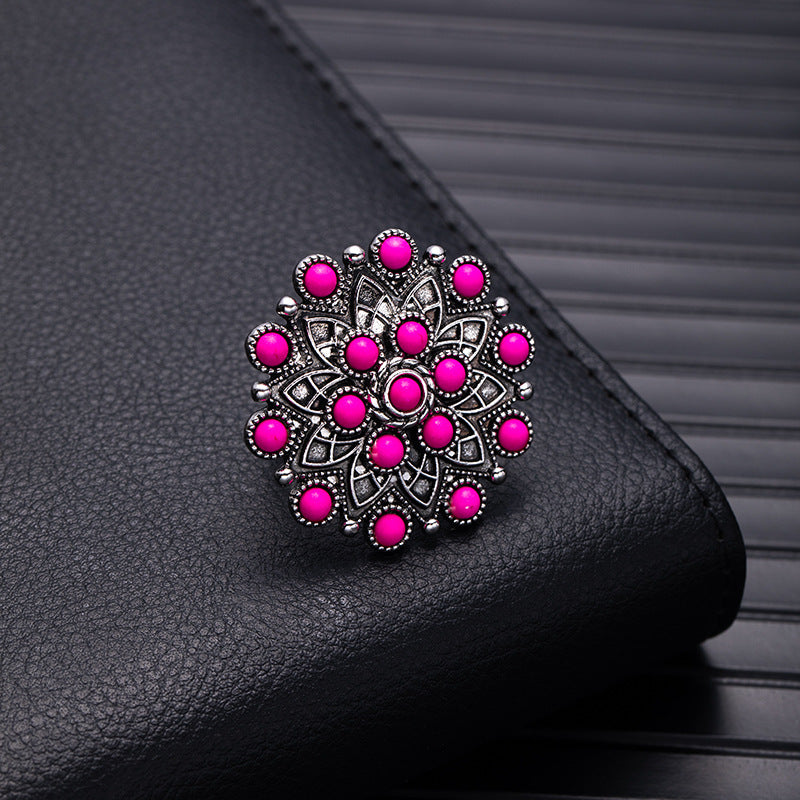 Wholesale Retro Bohemian Silver Flower Imitation Turquoise Ring - Fashion Accessory for Boutique Resale