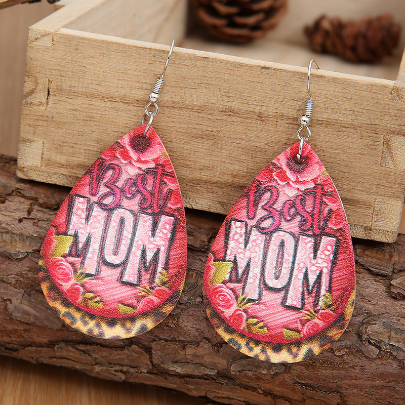 Wholesale Mother' s Day MOM Letter Teardrop Leather Rose Flower Leopard Print Earrings