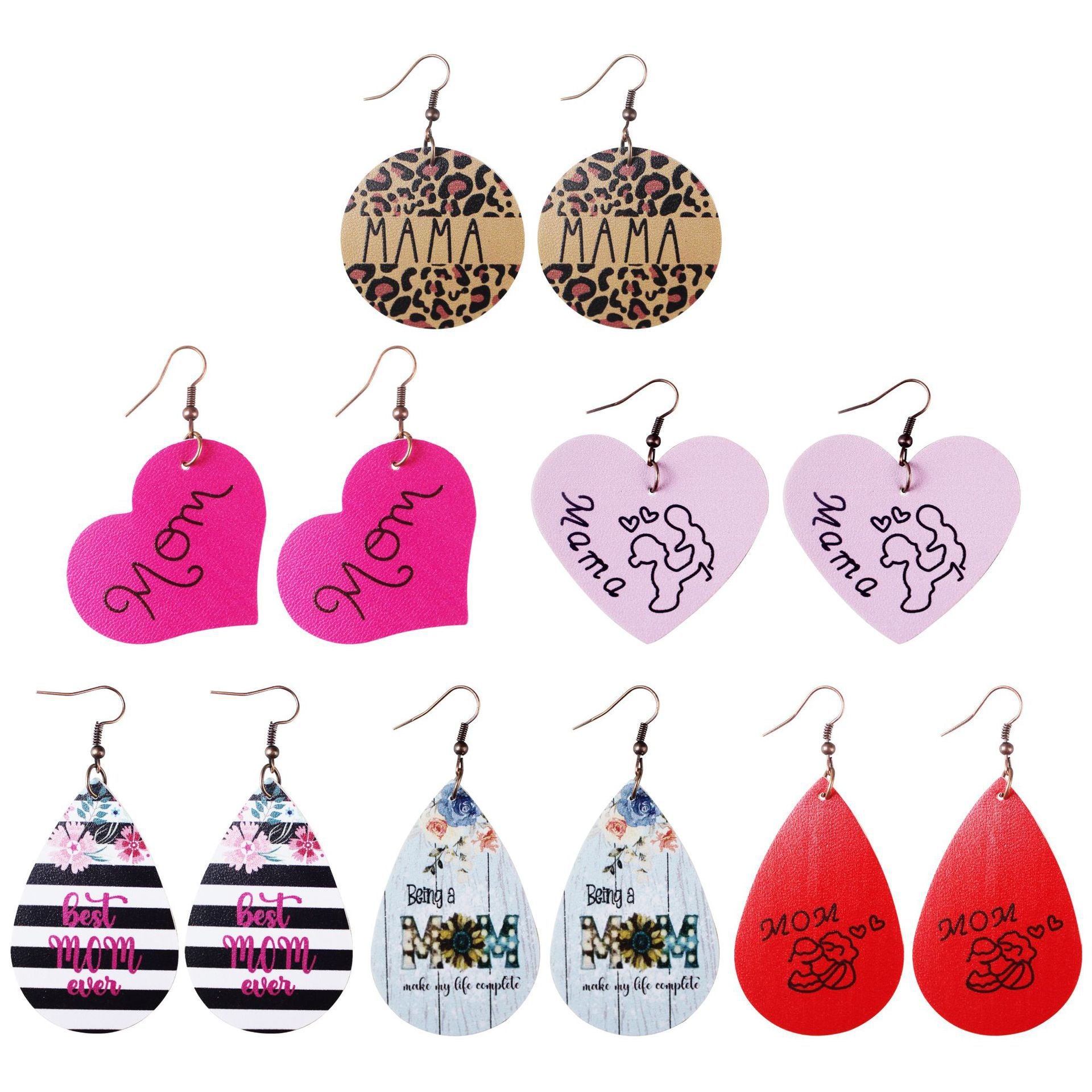 Wholesale Leather Mother's Day PU Leather Earrings Double Sided Printing Flower Mom Leopard Print Water Drop Love Heart ACC-ES-Yongz004