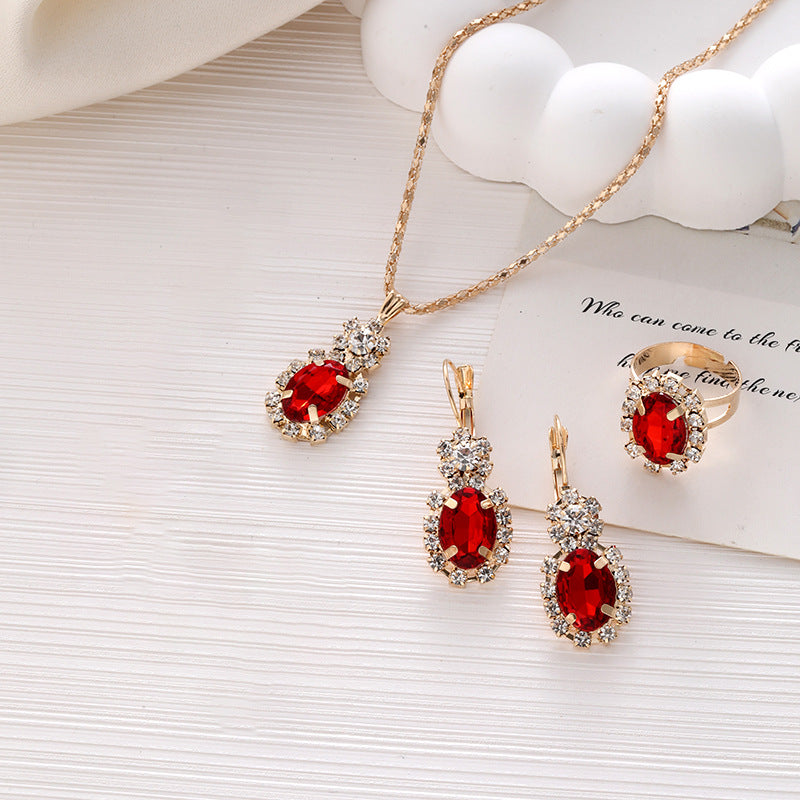 Wholesale Diamond Teardrop Oval Necklace Ring Bracelet Earrings Four-piece Sets ACC-NE-ChaoKai014