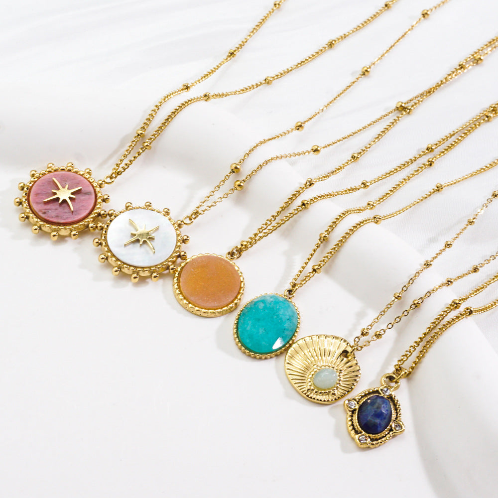 Wholesale  Titanium Steel 316L Cut Face Natural Stone Mang Star 14K Gold Necklace