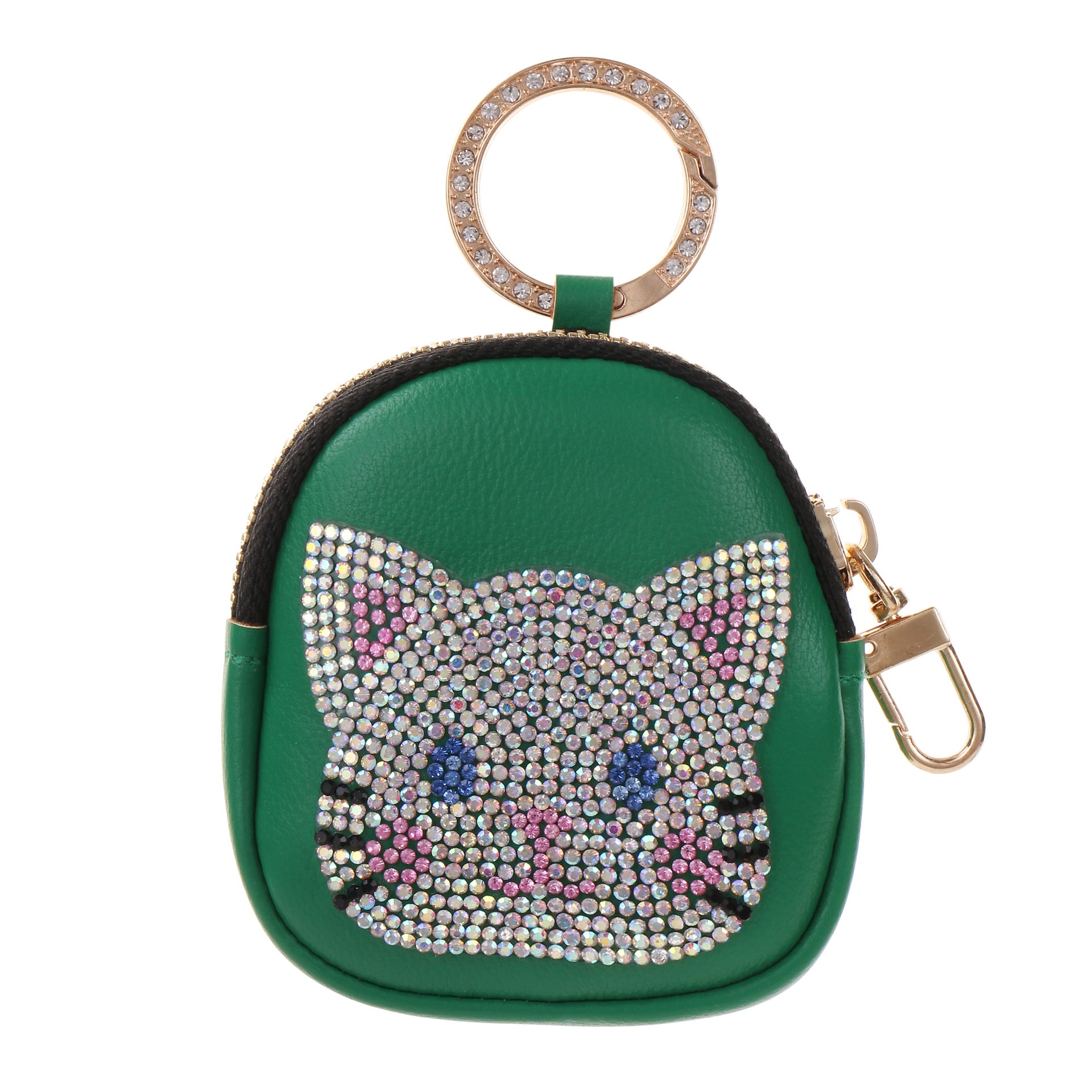 Wholesale Cute Cat Faux Leather Keychain Zipper Pouch Rhinestone Embellished Pink Trendy Wedding Gift Boutique Resale Accessory